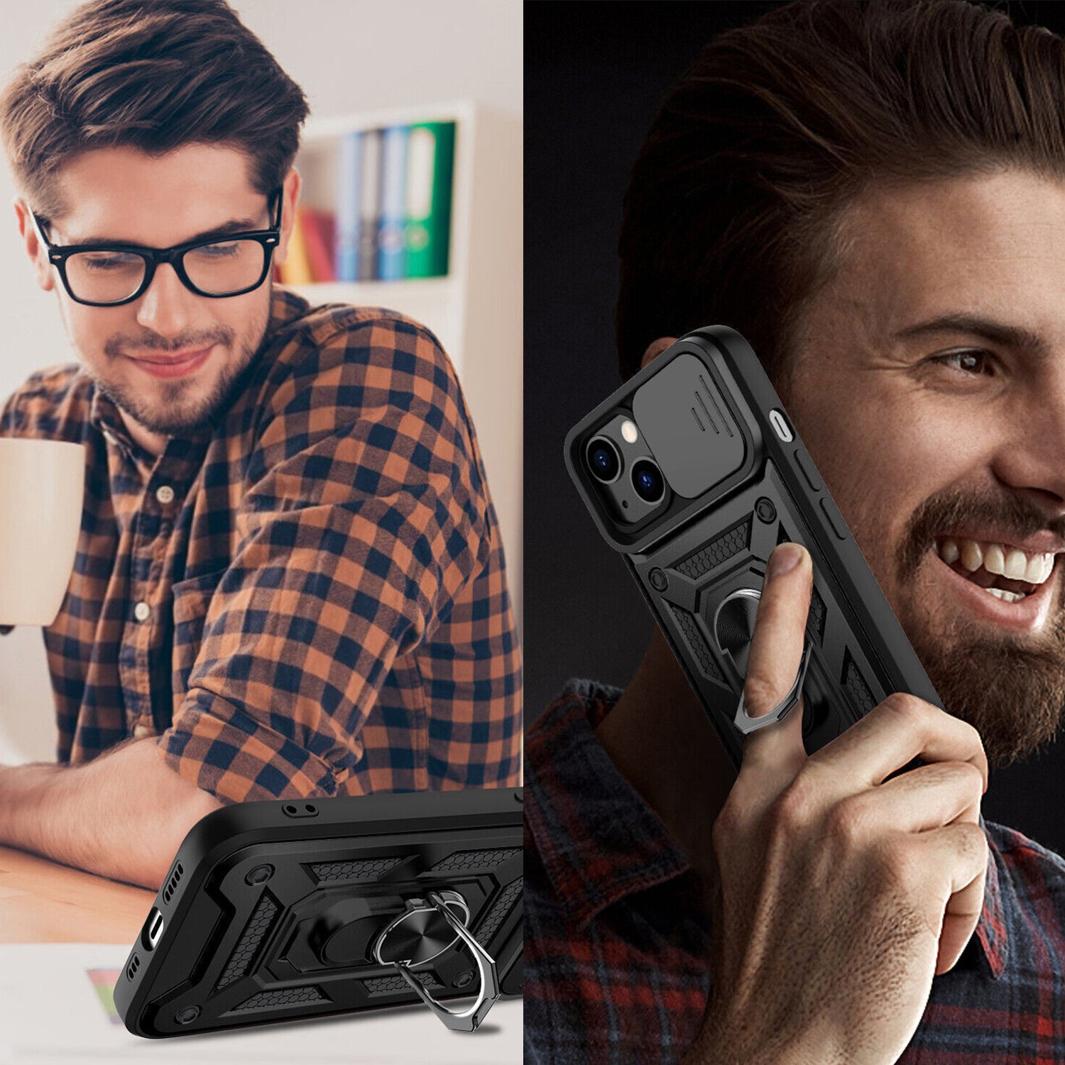 PhoneBits Ultra-Protective Magnetic iPhone Case with Holder & Camera Slide Cover, Shockproof iPhone Ring Holder Case Compatible with Magnetic Car Mount, Mobile Phone Case with Stand, Back iPhone Holder Case Cover