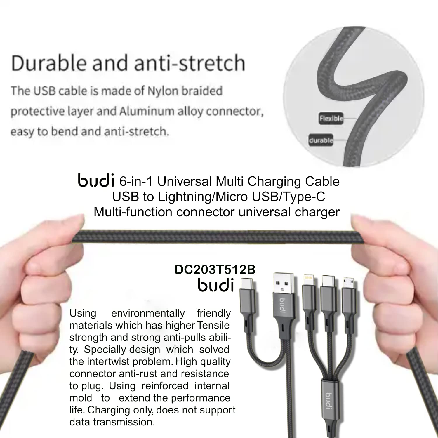 Budi 6 In 1 Charging Cable, USB A/ C to USB C/ Lightning/ Micro USB Cable, Fast USB A/ C to USB C/ Lightning/ Micro USB Phone Charging & Data Cable, Multi USB Fast Charger Cord & Sync Cable, USB C/ Lightning/ Micro USB Charging Adapter Cable