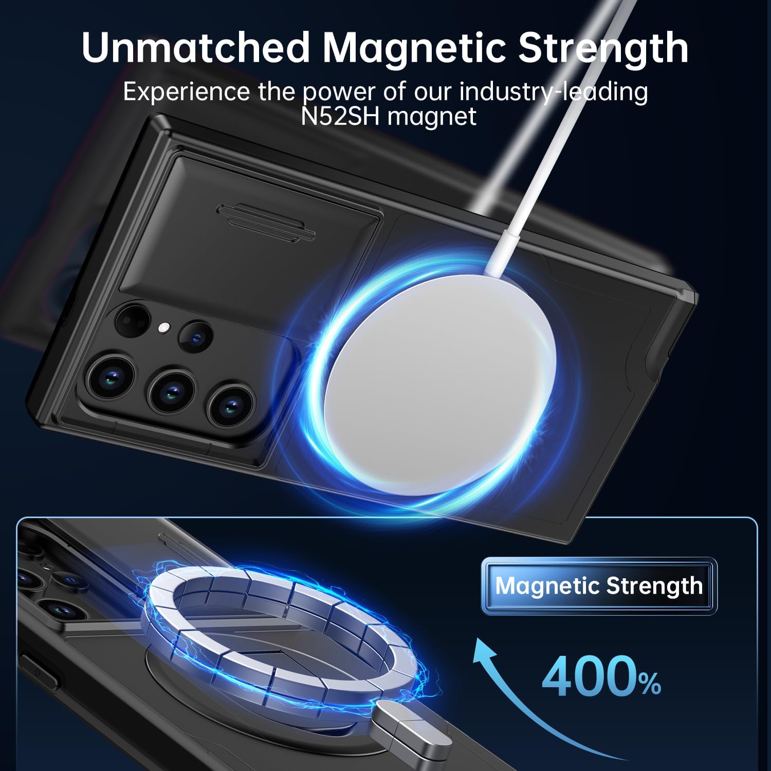 PhoneBits Protective Armor Samsung S Series MagSafe Case with Holder & Camera Slide Cover, Shockproof Samsung Ring Holder Case, Magnetic Wireless Charging Mobile Ring Phone Case with Stand, Back Samsung Holder Case Cover