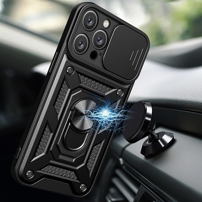 PhoneBits Ultra-Protective Magnetic iPhone Case with Holder & Camera Slide Cover, Shockproof iPhone Ring Holder Case Compatible with Magnetic Car Mount, Mobile Phone Case with Stand, Back iPhone Holder Case Cover