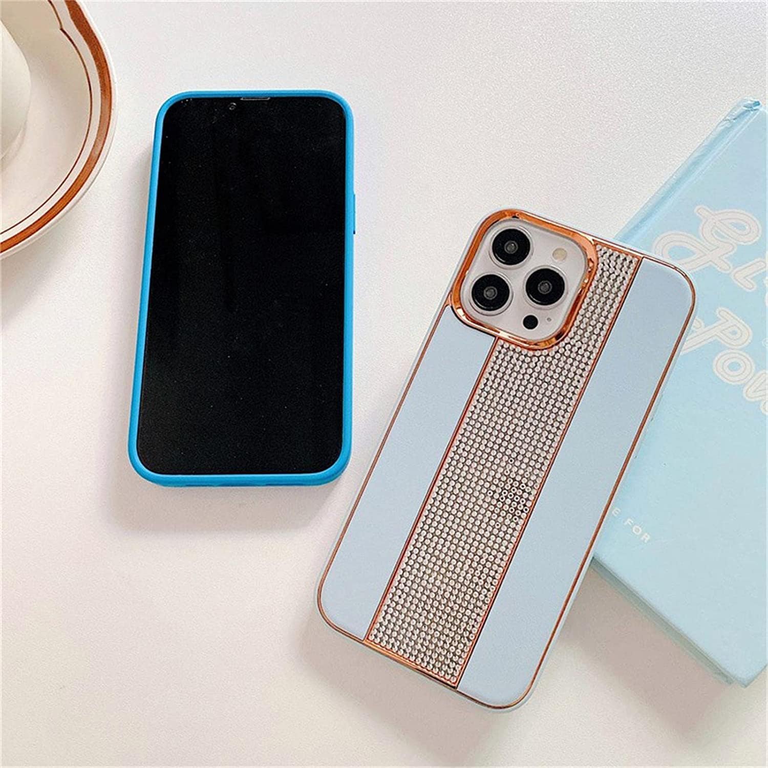 PhoneBits Leather iPhone Case with Flashy Diamond Back Strip & Camera Chromed Edge, Shockproof Back Phone Cover Compatible with iPhone, Protective Mobile Phone Case Cover