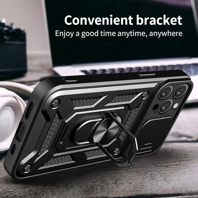 PhoneBits Ultra-Protective Magnetic iPhone Case with Holder & Camera Slide Cover, Shockproof iPhone Ring Holder Case Compatible with Magnetic Car Mount, Mobile Phone Case with Stand, Back iPhone Holder Case Cover