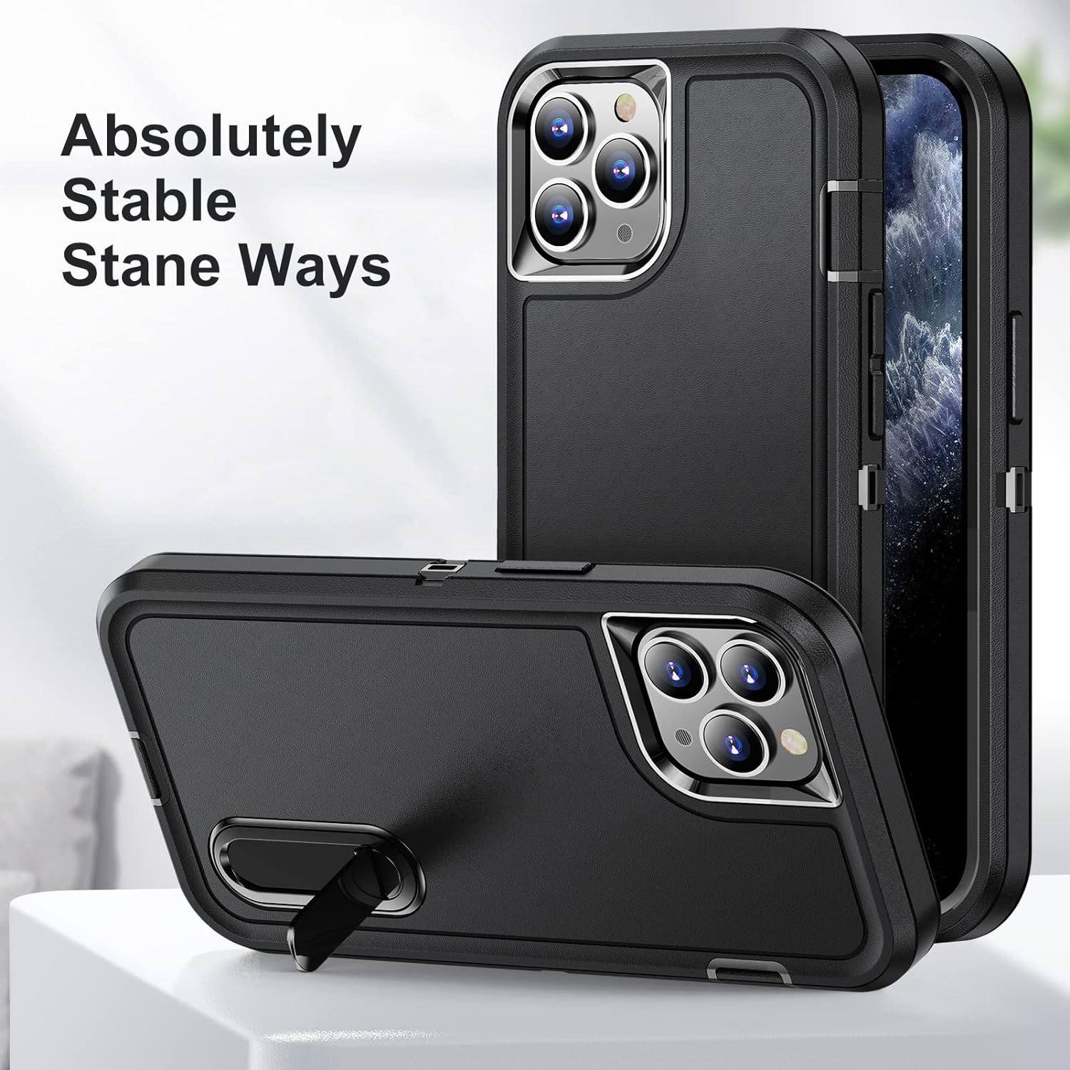PhoneBits Ultra-Protective iPhone Case with Stand & Chromed Camera Edge, Shockproof Phone Holder Case Compatible with iPhone, Mobile Phone Case with Holder, Back iPhone Holder Case Cover