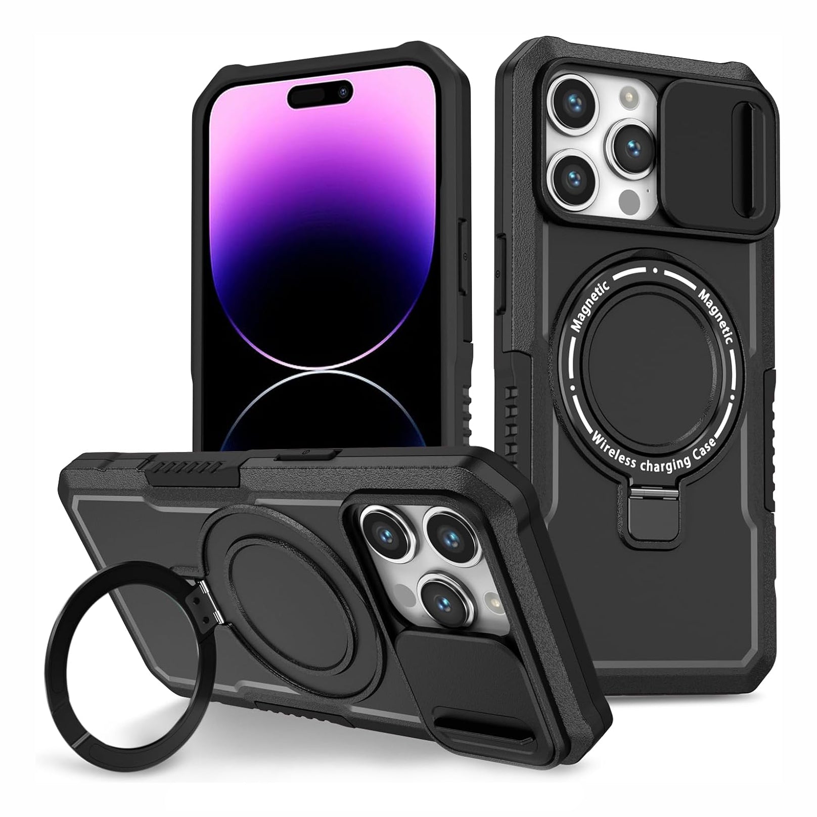 PhoneBits Ultra-Protective MagSafe Case with Holder & Camera Slide Cover for iPhone, Shockproof iPhone Case Compatible with MagSafe Chargers, Magnetic Wireless Charging Mobile Ring Phone Case with Stand, Back iPhone Holder Case Cover