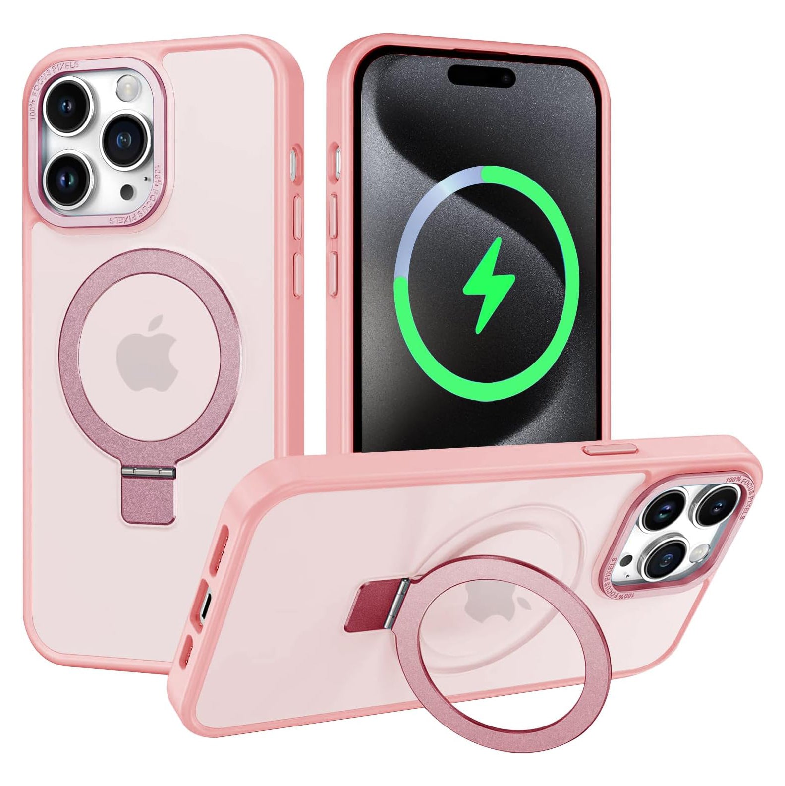 PhoneBits Armor Grade Protective MagSafe Case with Holder & Chromed Camera Edge for iPhone, Shockproof iPhone Case Compatible with MagSafe Chargers, Magnetic Wireless Charging Mobile Ring Phone Case with Stand, Back iPhone Holder Case Cover