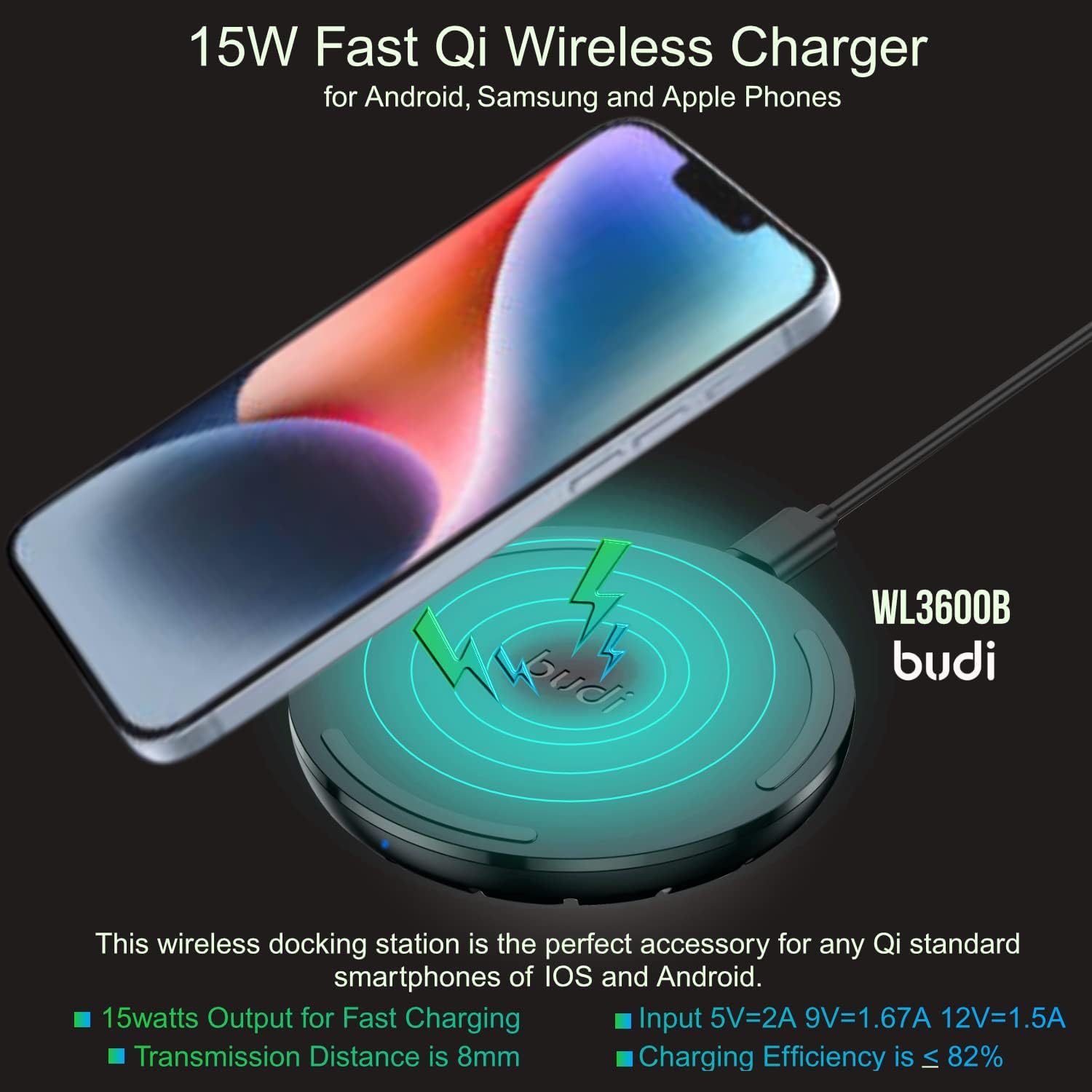 Budi 15W Wireless Charging Pad, Type C Wireless Charging Pad