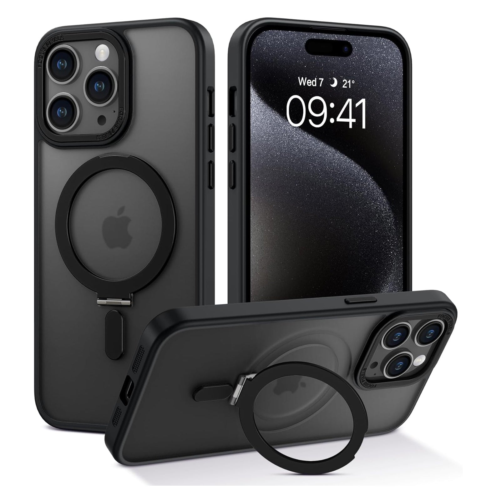 PhoneBits Armor Grade Protective MagSafe Case with Holder & Chromed Camera Edge for iPhone, Shockproof iPhone Case Compatible with MagSafe Chargers, Magnetic Wireless Charging Mobile Ring Phone Case with Stand, Back iPhone Holder Case Cover