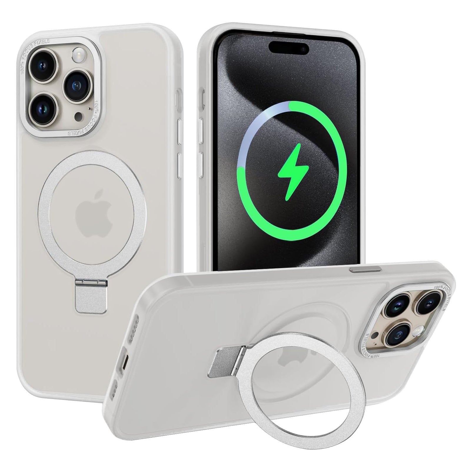 PhoneBits Armor Grade Protective MagSafe Case with Holder & Chromed Camera Edge for iPhone, Shockproof iPhone Case Compatible with MagSafe Chargers, Magnetic Wireless Charging Mobile Ring Phone Case with Stand, Back iPhone Holder Case Cover