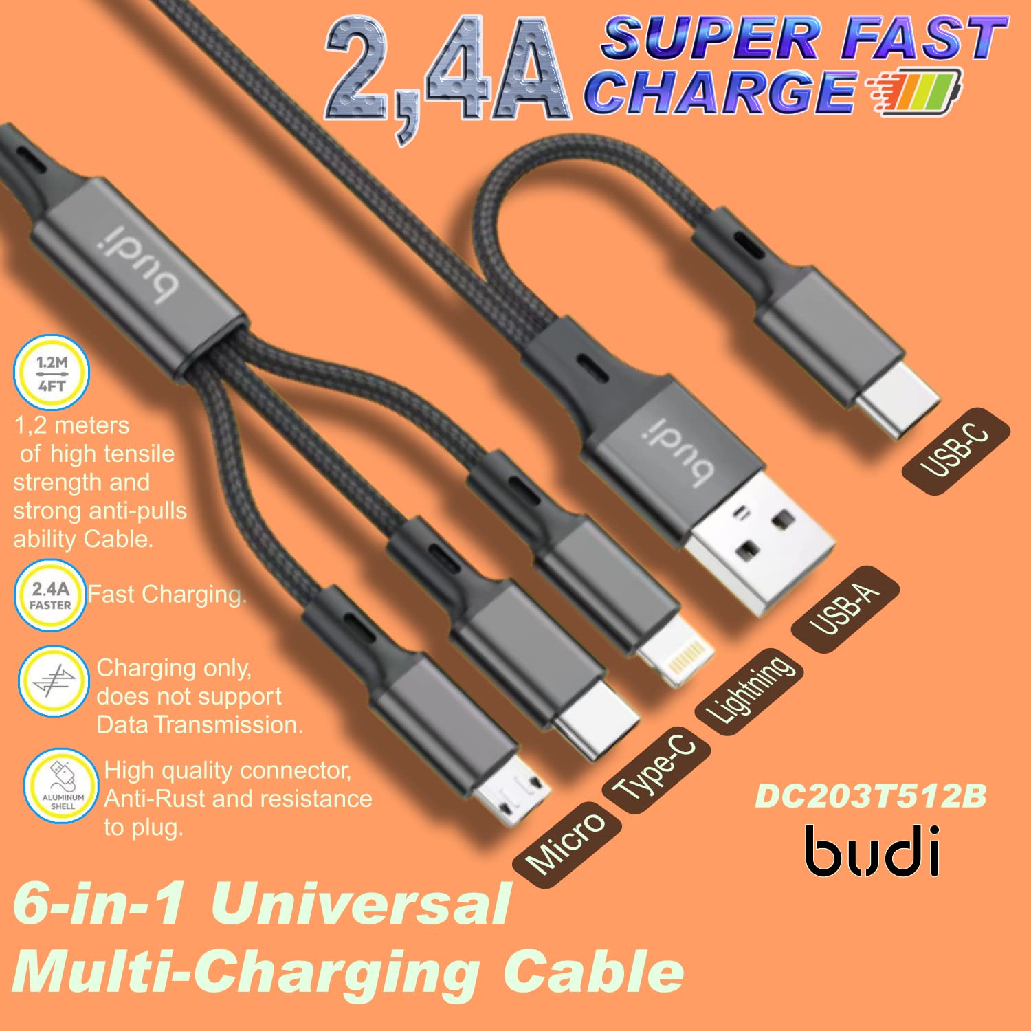Budi 6 In 1 Charging Cable, USB A/ C to USB C/ Lightning/ Micro USB Cable, Fast USB A/ C to USB C/ Lightning/ Micro USB Phone Charging & Data Cable, Multi USB Fast Charger Cord & Sync Cable, USB C/ Lightning/ Micro USB Charging Adapter Cable