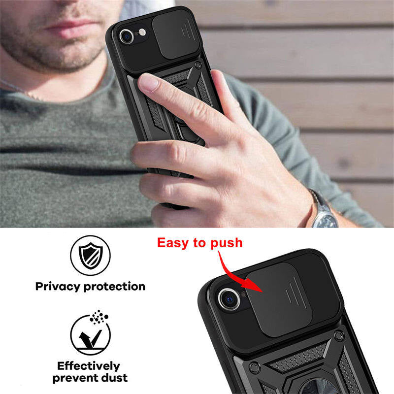 PhoneBits Ultra-Protective Magnetic iPhone Case with Holder & Camera Slide Cover, Shockproof iPhone Ring Holder Case Compatible with Magnetic Car Mount, Mobile Phone Case with Stand, Back iPhone Holder Case Cover