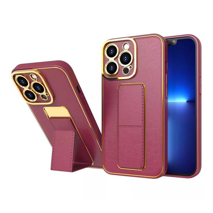 PhoneBits Leather Magnetic iPhone Case with Holder & Camera Protection, Protective Shockproof iPhone Holder Case Compatible with Magnetic Car Mount, Mobile Phone Holder Case, Back Phone Case Cover with Stand