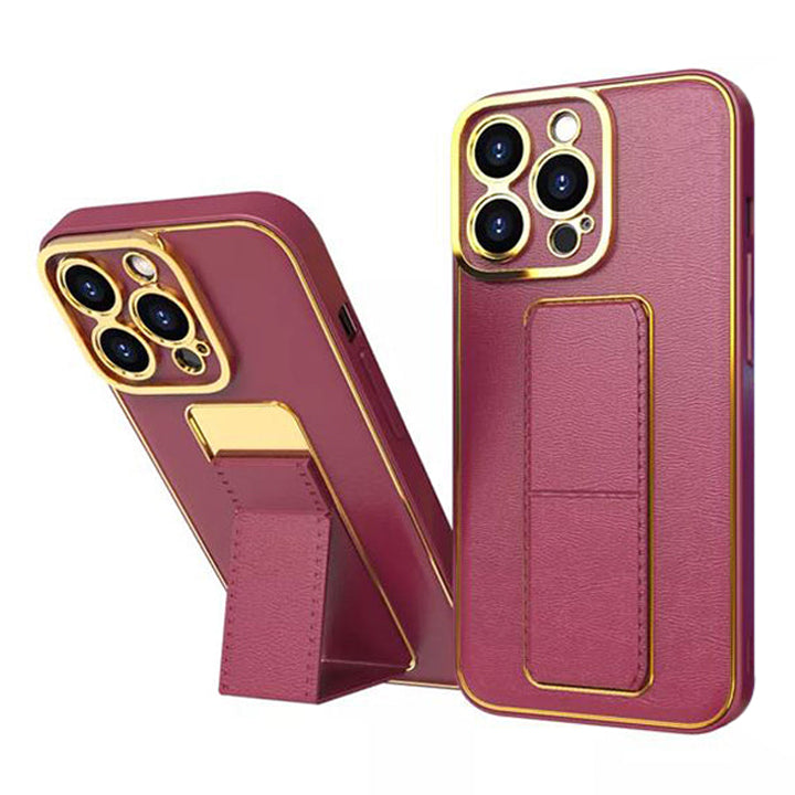 PhoneBits Leather Magnetic iPhone Case with Holder & Camera Protection, Protective Shockproof iPhone Holder Case Compatible with Magnetic Car Mount, Mobile Phone Holder Case, Back Phone Case Cover with Stand
