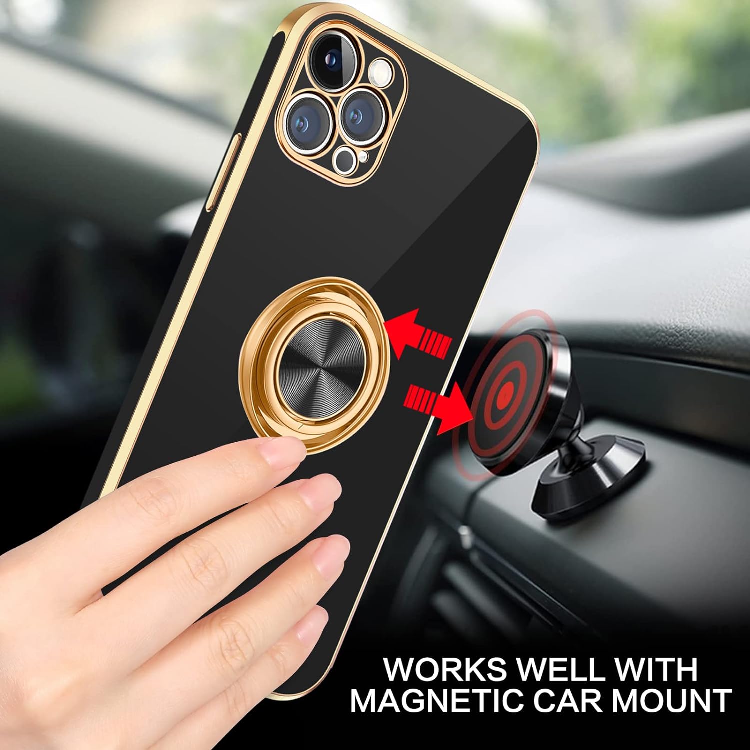 PhoneBits Luxury Soft Silicone Magnetic iPhone Case with Holder & Camera Lens Protection, Protective Shockproof iPhone Ring Holder Case Compatible with Magnetic Car Mount, Mobile Phone Case with Stand, Back iPhone Holder Case Cover