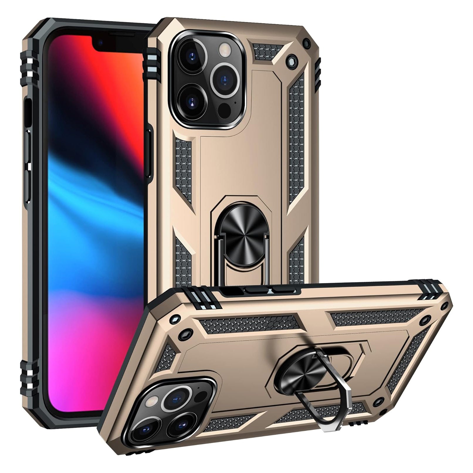PhoneBits Ultra-Protective Magnetic iPhone Case with Holder & Chromed Camera Edge, Shockproof iPhone Ring Holder Case Compatible with Magnetic Car Mount, Mobile Phone Case with Stand, Back iPhone Holder Case Cover For iPhone 16 Series