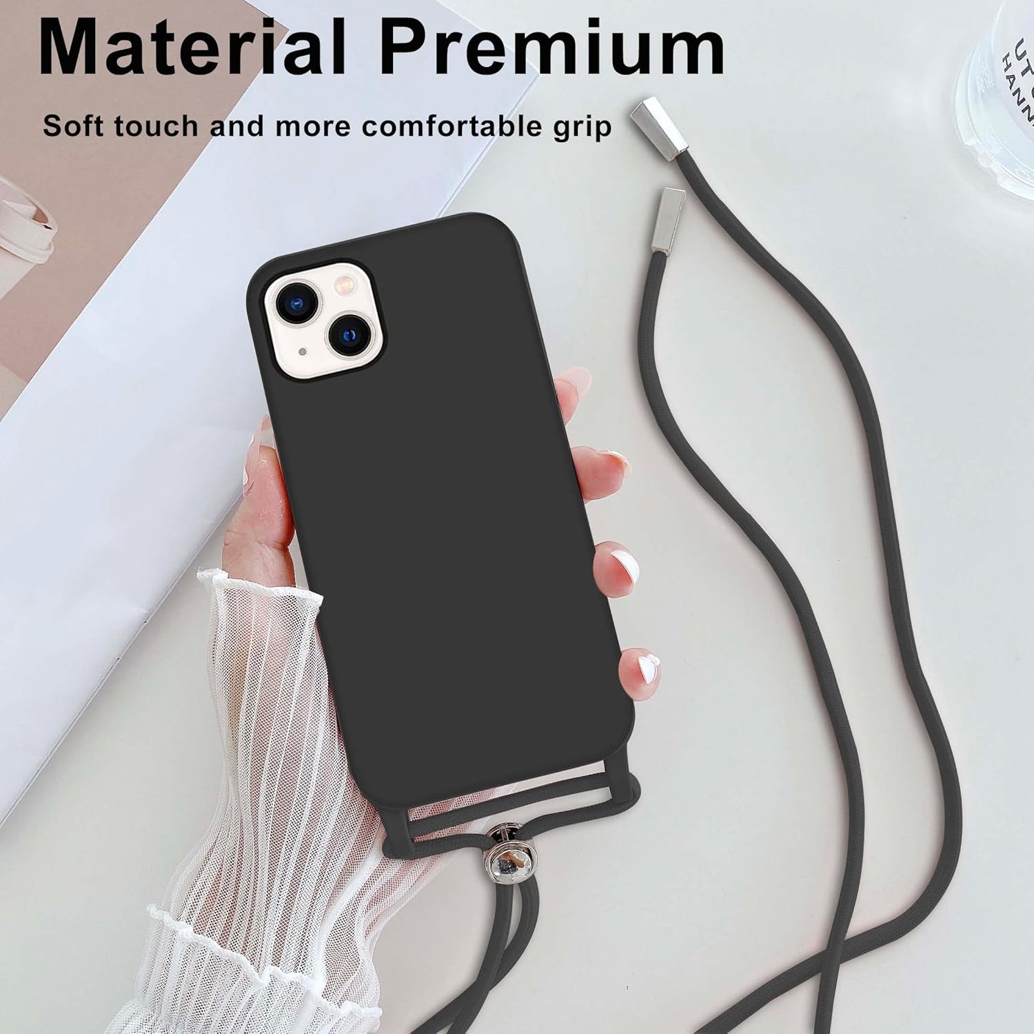 PhoneBits Ultra Slim Liquid Silicone iPhone Case with Chromed Camera Edge & Lanyard Crossbody Rope, Protective Shockproof Phone Case Compatible with iPhone, Mobile Phone Soft Case for iPhone, Back iPhone Case Cover