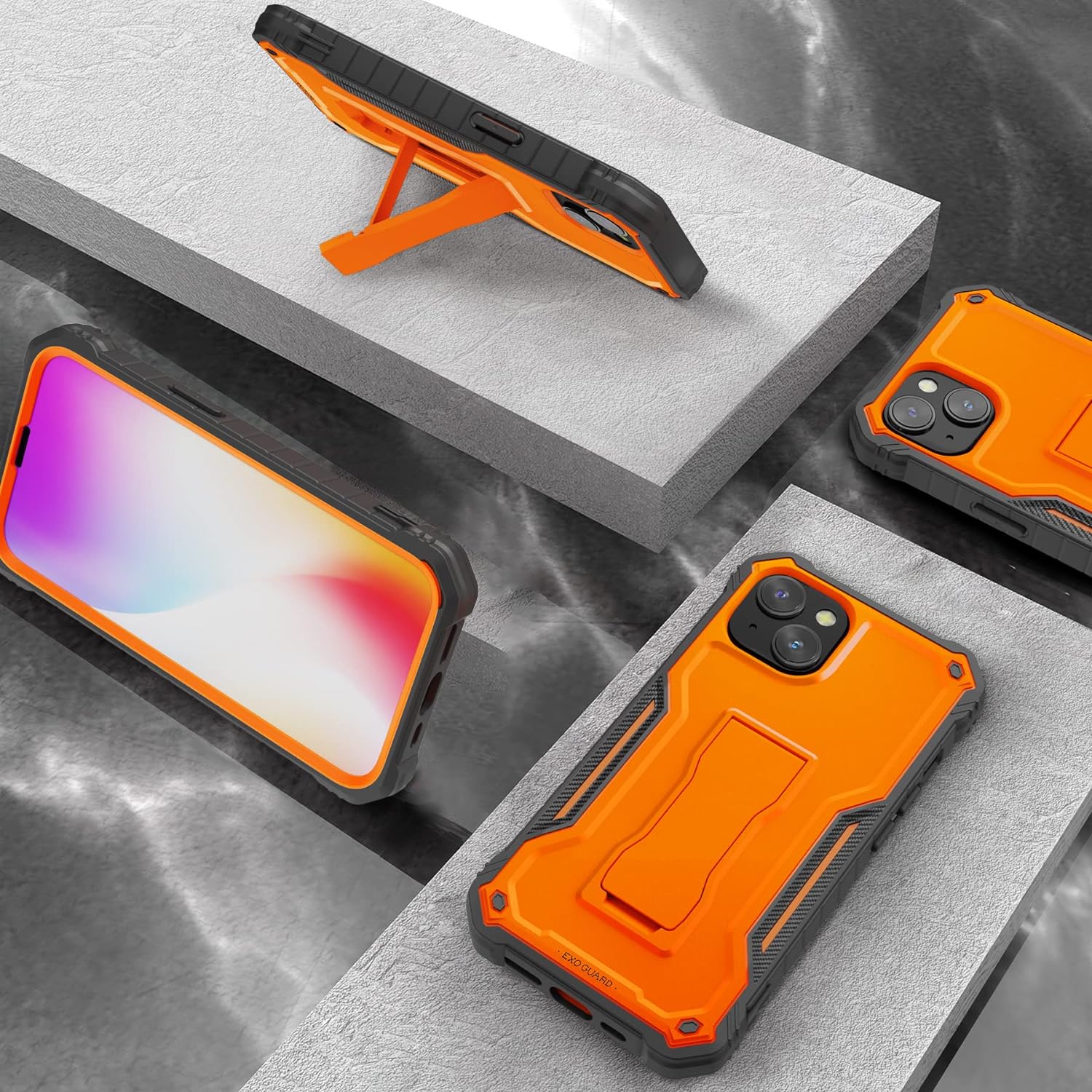 PhoneBits Ultra-Protective iPhone Case with Holder & Chromed Camera Edge, Shockproof Phone Holder Case Compatible with iPhone, Mobile Phone Case with Stand, Back iPhone Holder Case Cover