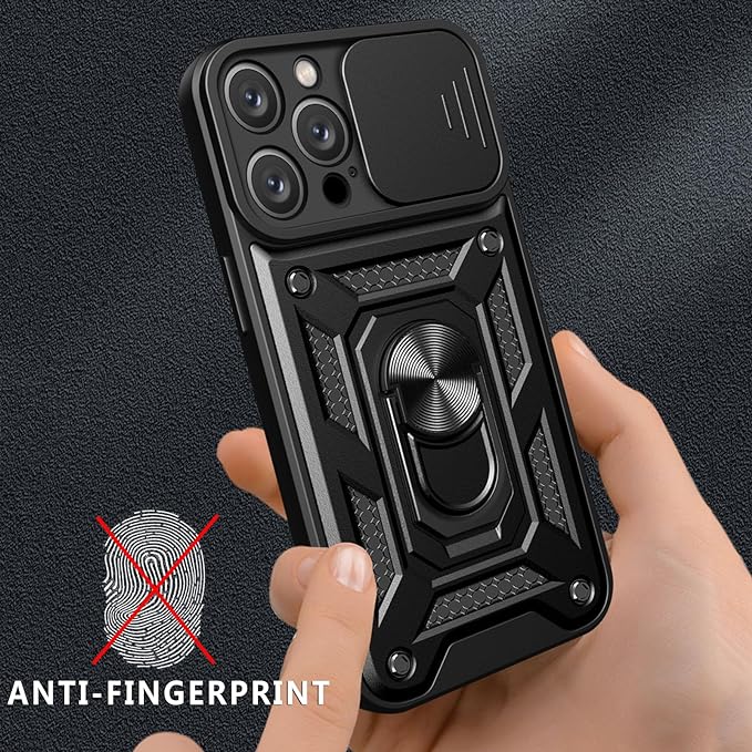 PhoneBits Ultra-Protective Magnetic iPhone Case with Holder & Camera Slide Cover, Shockproof iPhone Ring Holder Case Compatible with Magnetic Car Mount, Mobile Phone Case with Stand, Back iPhone Holder Case Cover