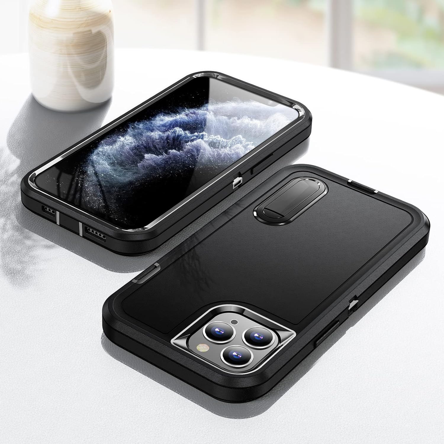 PhoneBits Ultra-Protective iPhone Case with Stand & Chromed Camera Edge, Shockproof Phone Holder Case Compatible with iPhone, Mobile Phone Case with Holder, Back iPhone Holder Case Cover