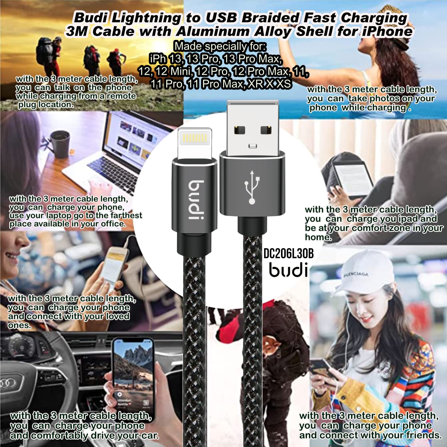 Budi USB to Micro USB Charging Cable, Fast USB A to Micro USB Braided Phone Charging & Data Cable, USB to Micro Charging Adapter Cable, Fast USB to Lightning Charger Cord & Data Sync Cable