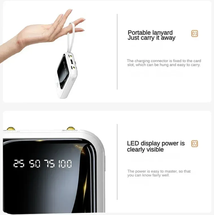 PhoneBits Portable Power Bank 10000mAh, PD Fast Charging Power Bank with 3 Built-In Cables( Type-C, Micro, Lightning), Portable Charger Power Bank with Digital LED Display & Strap