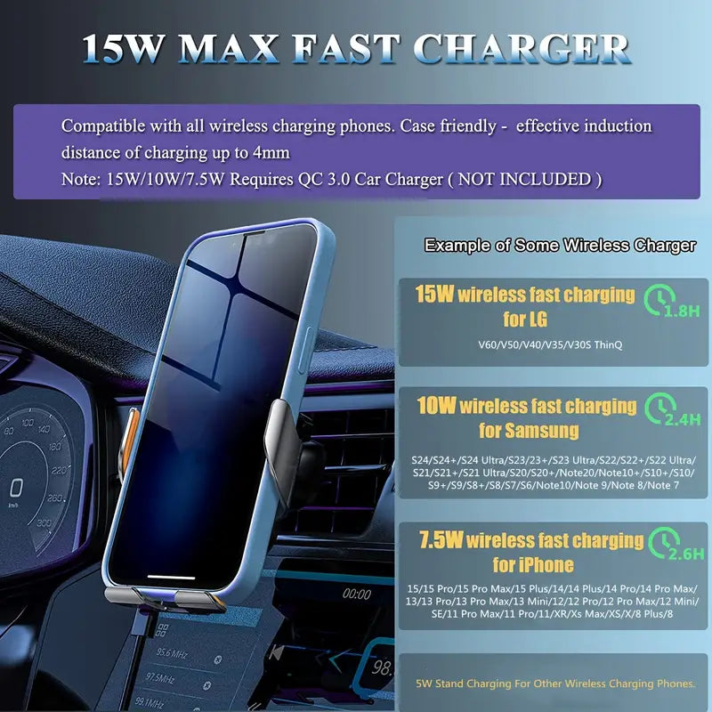 Budi Wireless Charging Car Phone Holder, Dashboard Mobile Phone Holder for Car, Wireless Car Charger, Wireless Charging Mount, Car Phone Mount