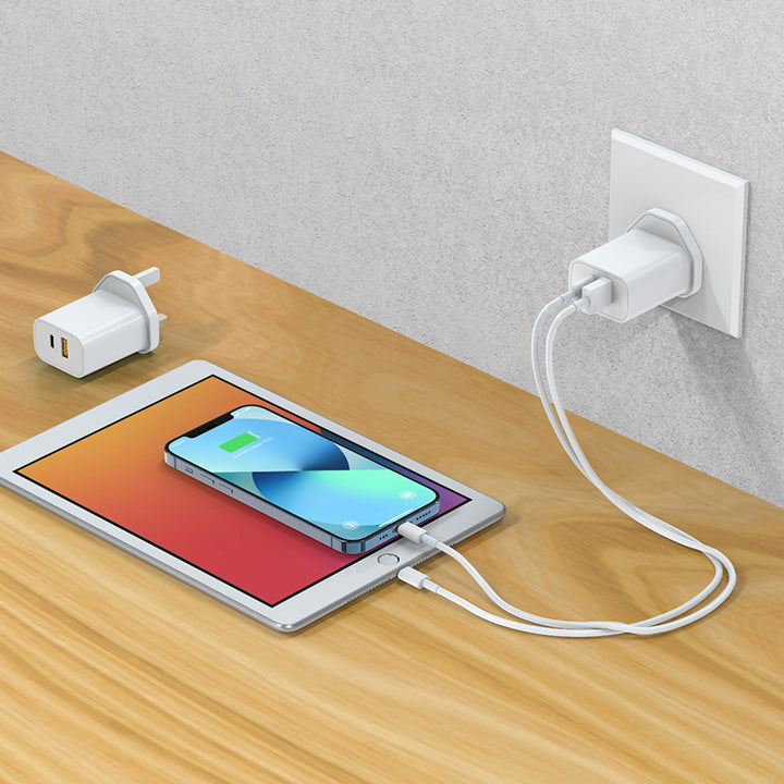 PhoneBits Dual USB Phone Charger Adapter, 20W USB-C & 18W USB-A Ports Power Charger Plug, 3 Pin Fast Charging Charger Adapter, USB Wall Charger Plug, USB-C & USB-A Power Wall Adapter Fast Charger