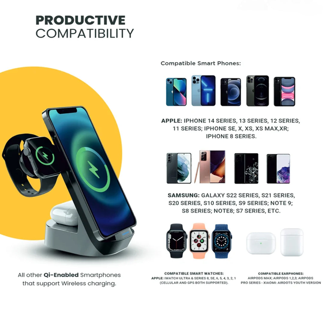 Budi 3 in 1 Magnetic Wireless Charging Stand, Portable Wireless Charging Station