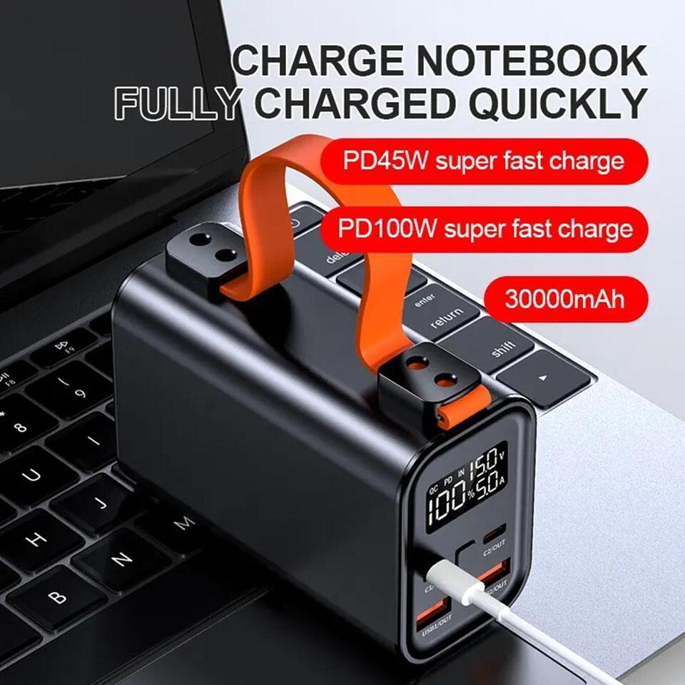 PhoneBits Portable Power Bank 30000mAh with Dual Type-C & USB-A Ports, Portable Charger Power Bank with Digital LED Screen & Torch, PD Fast Charging Power Bank with Holding Strap for iPhone/Smartphone