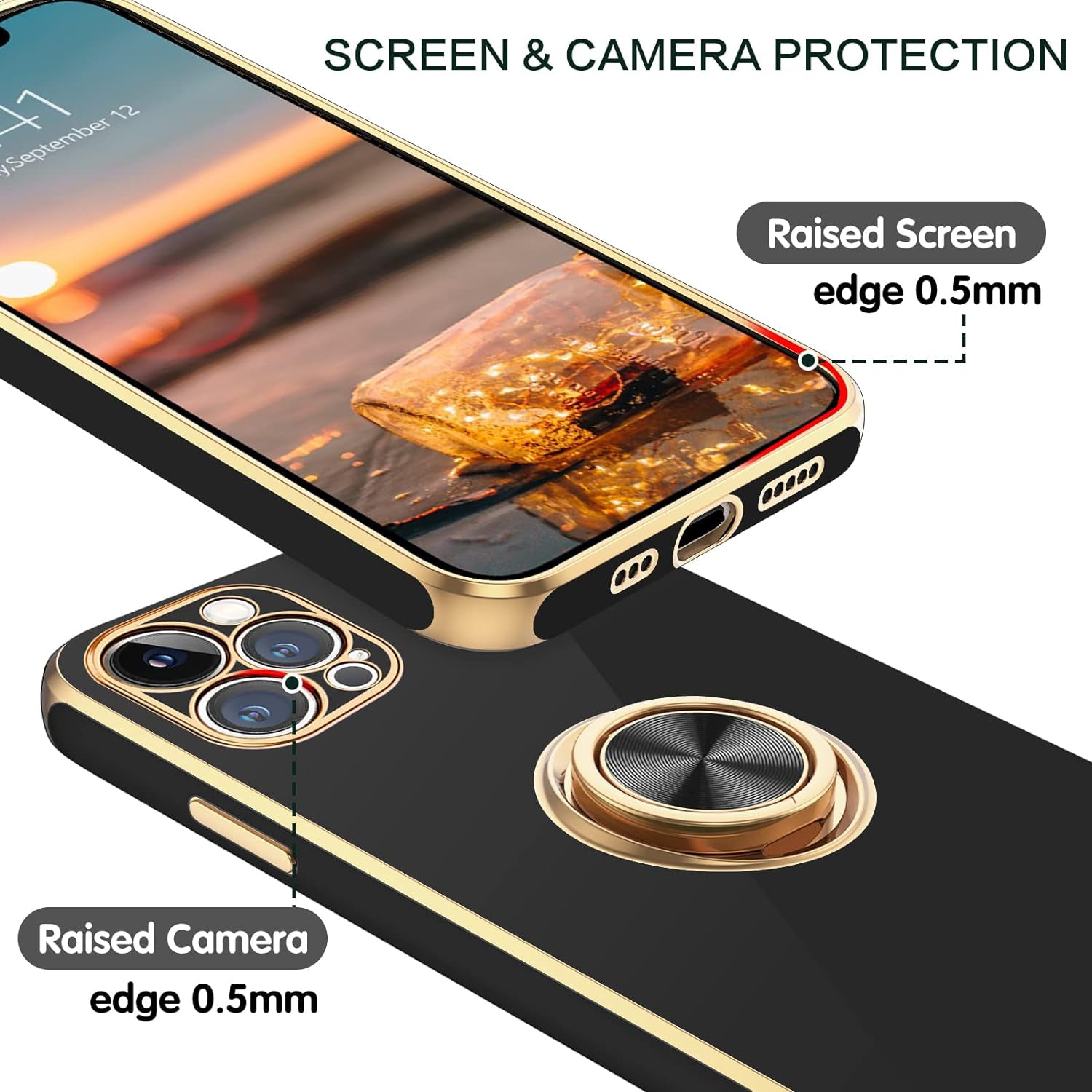 PhoneBits Luxury Soft Silicone Magnetic iPhone Case with Holder & Camera Lens Protection, Protective Shockproof iPhone Ring Holder Case Compatible with Magnetic Car Mount, Mobile Phone Case with Stand, Back iPhone Holder Case Cover