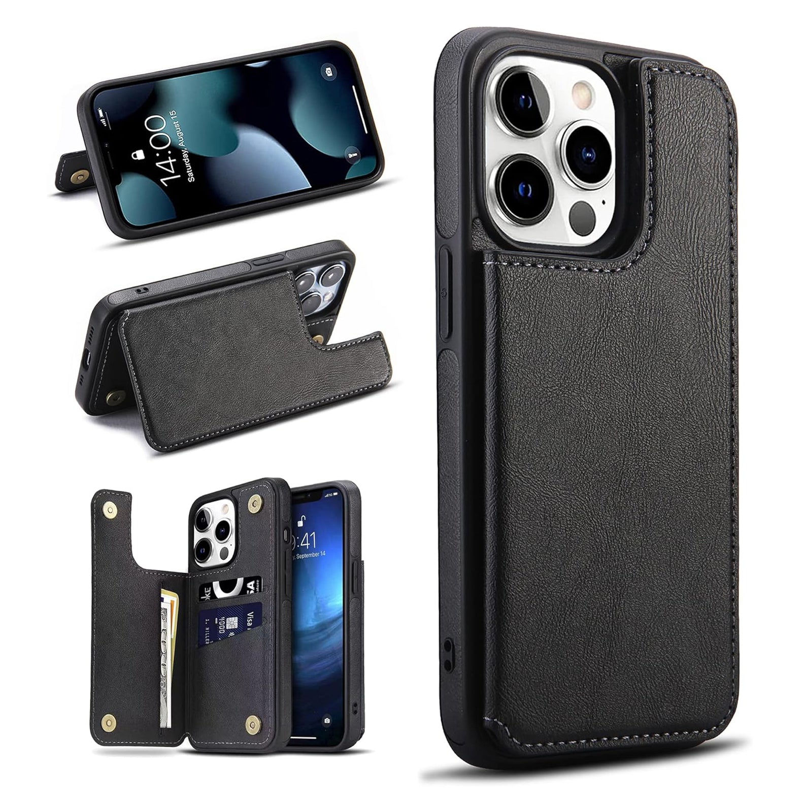 PhoneBits Protective Vegan Leather Wallet Case with Card Holder for iPhone, Compatible with iPhone, Shockproof iPhone Case with Stand, Mobile Wallet Phone Card Holder Case, Flip Back Case Cover