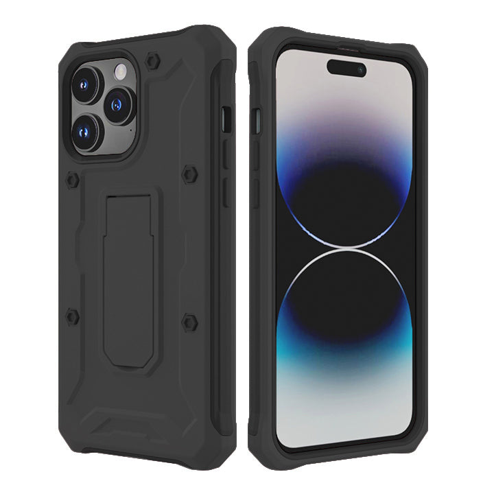 PhoneBits Ultra-Protective iPhone Case with Holder & Chromed Camera Edge, Shockproof Phone Holder Case Compatible with iPhone, Mobile Phone Case with Stand, Back iPhone Holder Case Cover