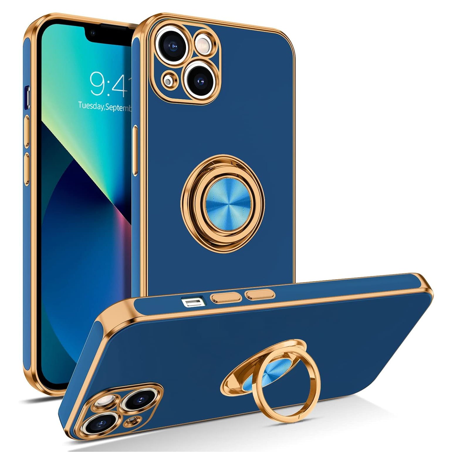 PhoneBits Luxury Soft Silicone Magnetic iPhone Case with Holder & Camera Lens Protection, Protective Shockproof iPhone Ring Holder Case Compatible with Magnetic Car Mount, Mobile Phone Case with Stand, Back iPhone Holder Case Cover