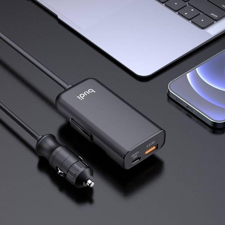 Budi USB Car Charger, QC3.0 USB/PD USB-C Ports In Car Charger Socket with Cigarette Lighter Cable, Fast Charging Car Phone Charger with Back Seat Bracket, Power Car Charger Adapter for Cigarette Lighter Socket