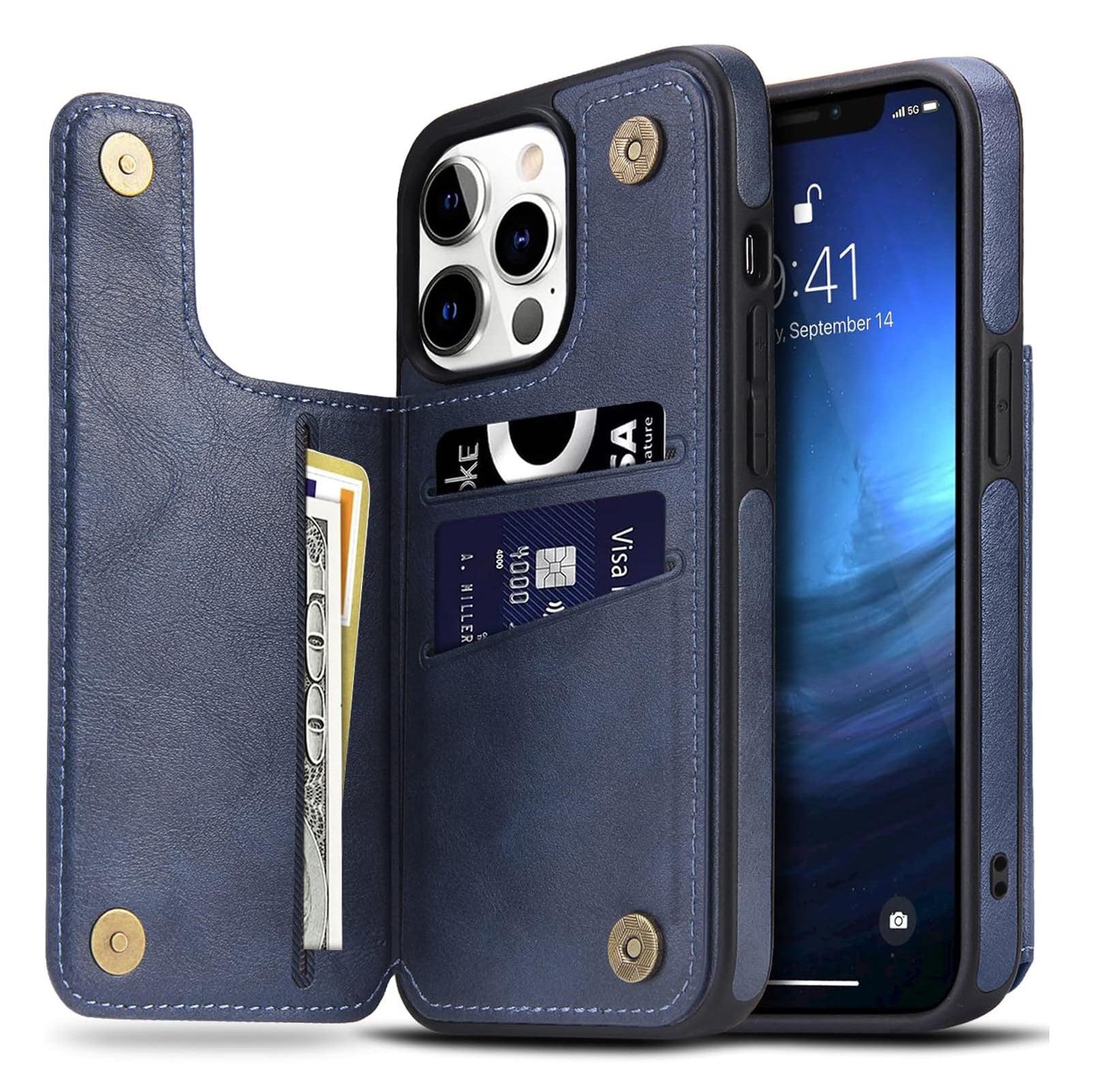 PhoneBits Protective Vegan Leather Wallet Case with Card Holder for iPhone, Compatible with iPhone, Shockproof iPhone Case with Stand, Mobile Wallet Phone Card Holder Case, Flip Back Case Cover