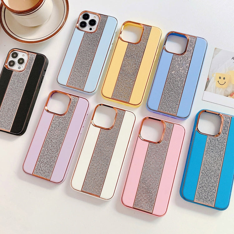 PhoneBits Leather iPhone Case with Flashy Diamond Back Strip & Camera Chromed Edge, Shockproof Back Phone Cover Compatible with iPhone, Protective Mobile Phone Case Cover