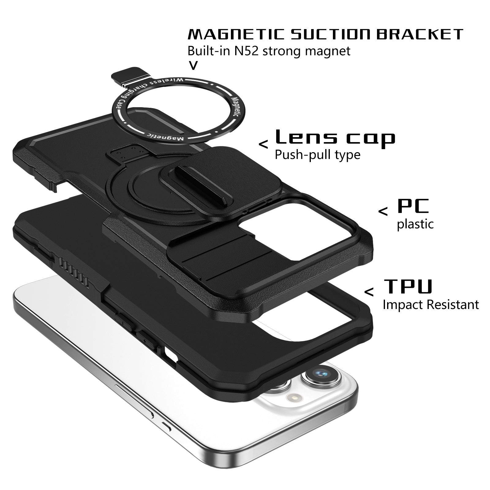 PhoneBits Ultra-Protective MagSafe Case with Holder & Camera Slide Cover for iPhone, Shockproof iPhone Case Compatible with MagSafe Chargers, Magnetic Wireless Charging Mobile Ring Phone Case with Stand, Back iPhone Holder Case Cover