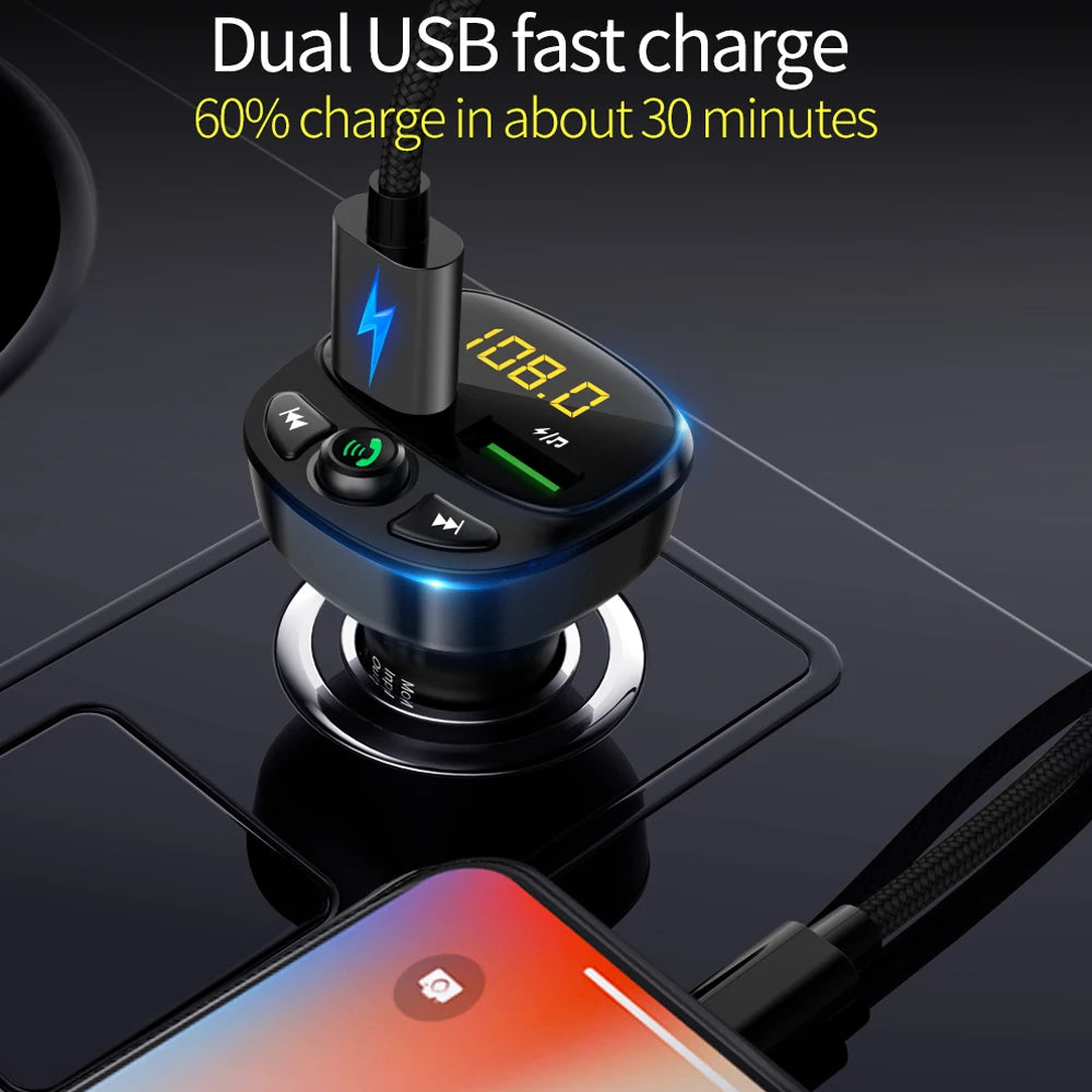 Budi FM Transmitter & Car Charger, USB Fast Charging Wireless Car Charger with QC 3.0/USB-A Charging Ports, FM Bluetooth Car Transmitter with MP3/TF Card Ports & Built-In Mic, Phone Car Adapter with Next/Previous/End Call Buttons & LED Display