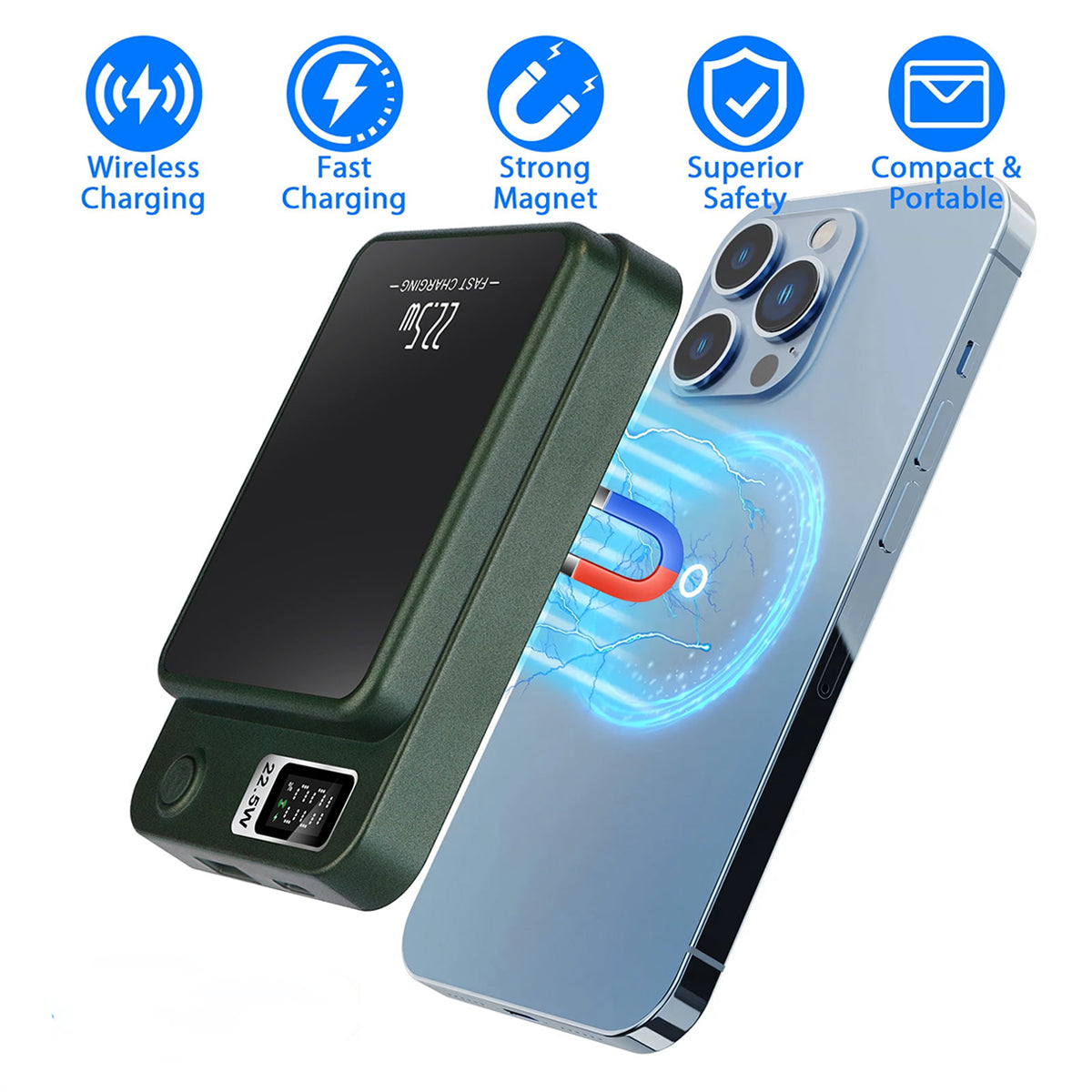 PhoneBits Portable Power Bank 5000mAh, Portable Charger Wireless Power Bank with Dual USB Ports USB-A & Type-C, MagSafe Power Bank with Digital LED Power Display & ON/ OFF Button, PD Fast Charging Magnetic Power Bank for iPhone/ Smartphone