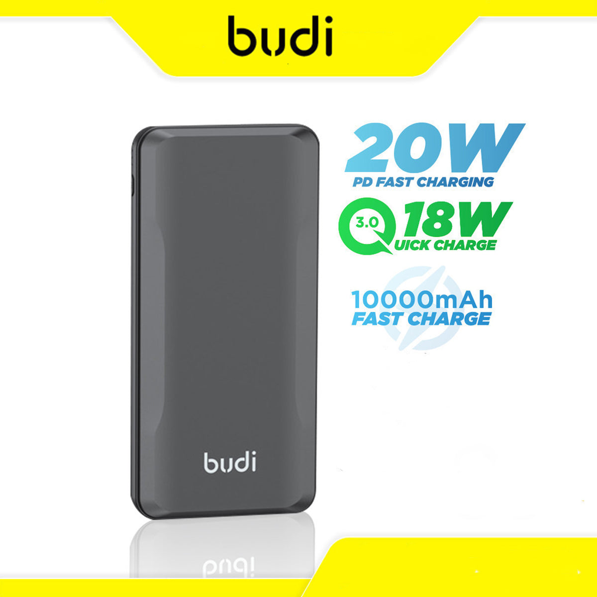 Budi Portable Power Bank 10000mAh, Portable Charger Power Bank with 3 USB Ports (Type-C, Micro, Lightning), PD Fast Charging USB Power Bank with Key, LED Power Indicator, & Strap for Smartphone/ iPhone/Laptop