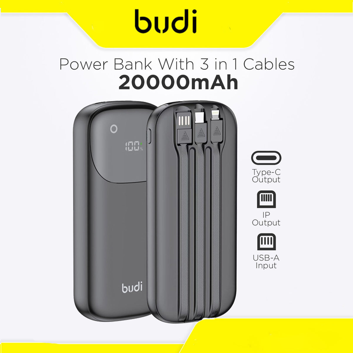 Budi Portable Power Bank 10000mAh/ 20000mAh, Portable Charger Power Bank with 3 Built-in Cables (PD Type-C, Lightning, USB), PD Fast Charging Power Bank with USB/Dual Type-C Ports & LED Power Display for Smartphone/ iPhone