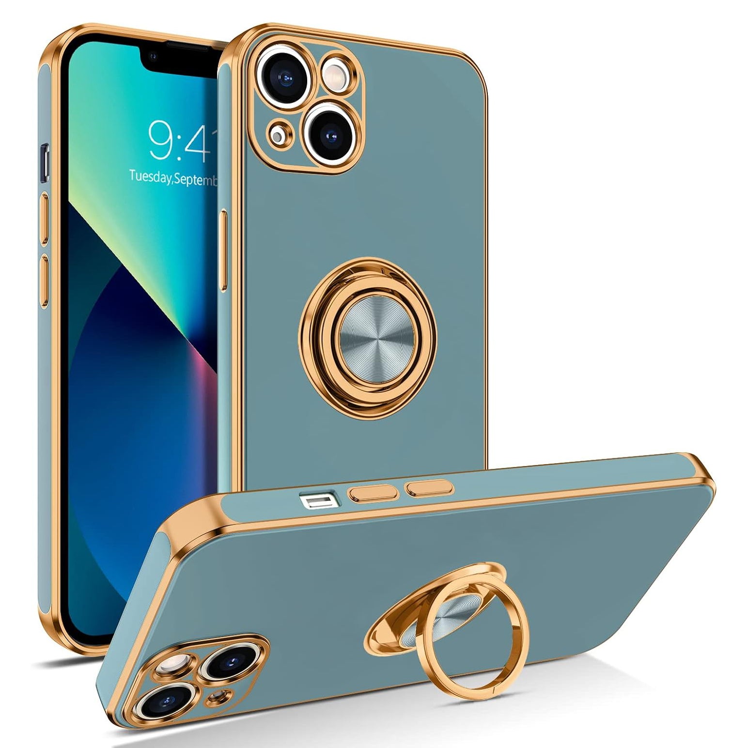 PhoneBits Luxury Soft Silicone Magnetic iPhone Case with Holder & Camera Lens Protection, Protective Shockproof iPhone Ring Holder Case Compatible with Magnetic Car Mount, Mobile Phone Case with Stand, Back iPhone Holder Case Cover
