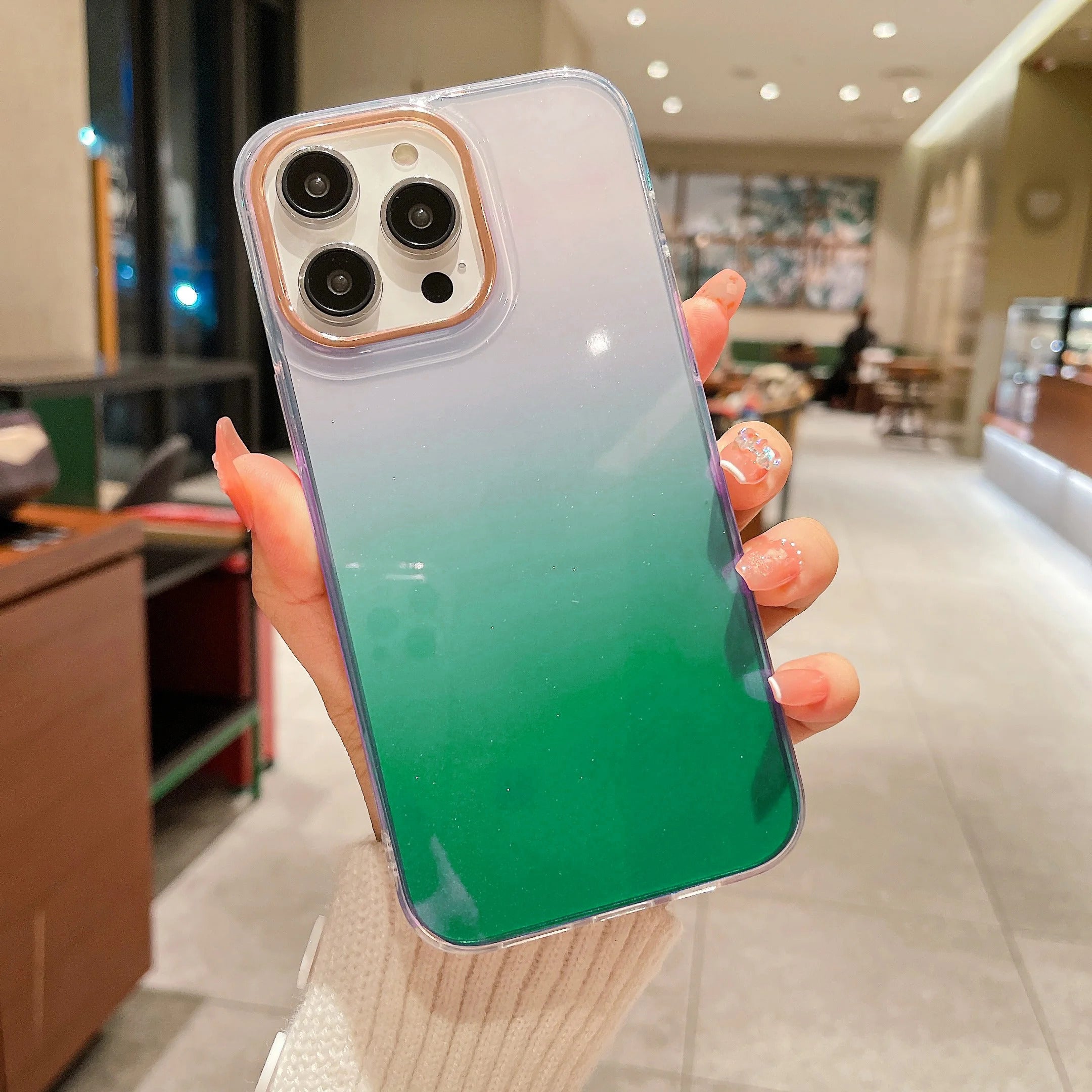 PhoneBits Luxury Glitter Gradient Shiny iPhone Case with Chromed Camera Edge, Shockproof Back Phone Cover Compatible with iPhone, Protective Mobile Phone Case Cover