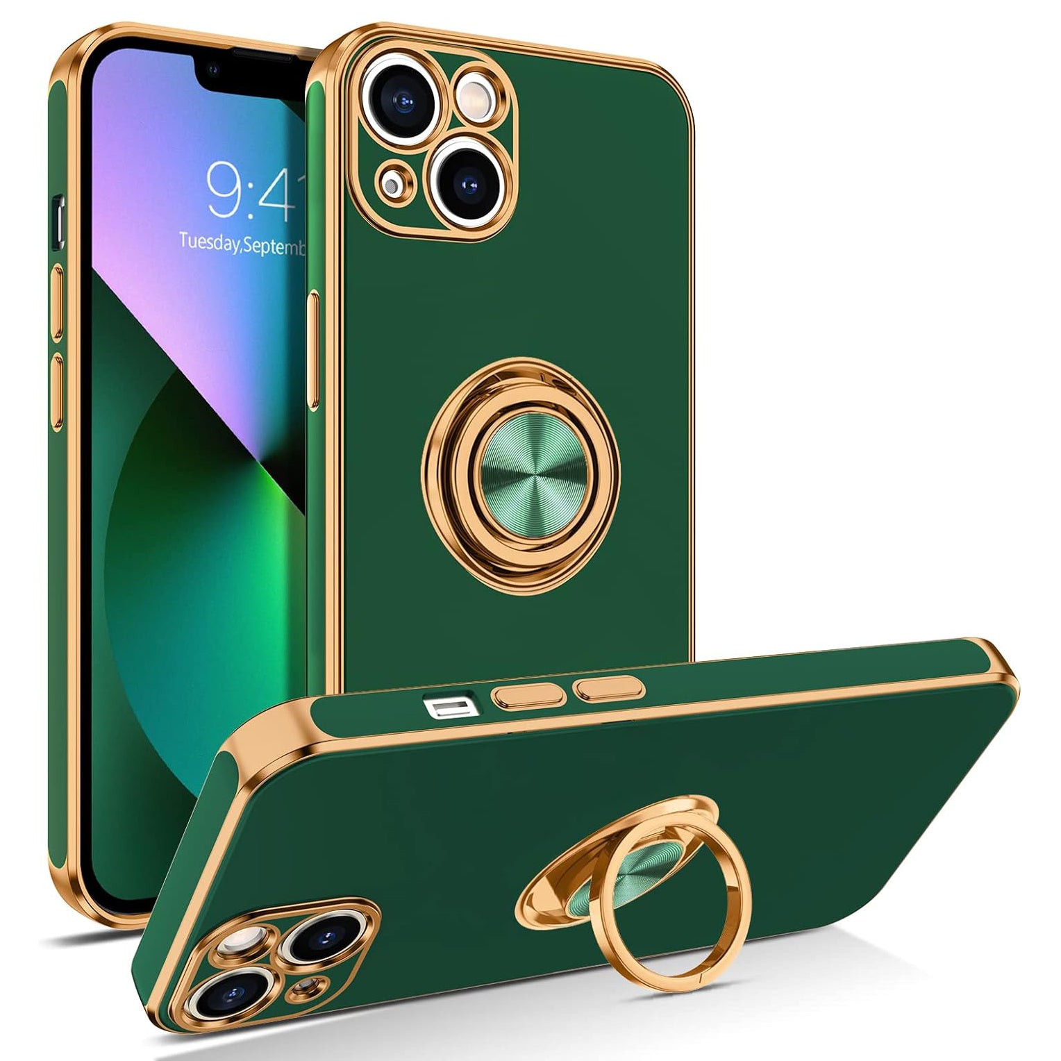 PhoneBits Luxury Soft Silicone Magnetic iPhone Case with Holder & Camera Lens Protection, Protective Shockproof iPhone Ring Holder Case Compatible with Magnetic Car Mount, Mobile Phone Case with Stand, Back iPhone Holder Case Cover
