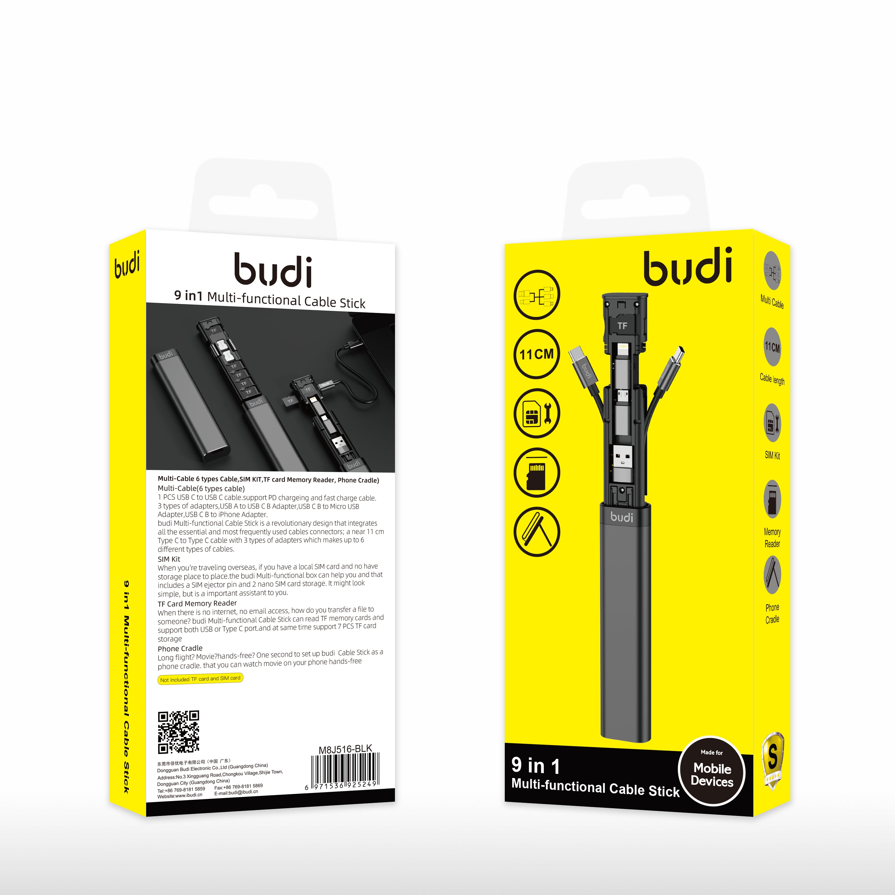 Budi 9 in 1 Essential Travel Charging & Data Sync Cable Stick, Travelling Stick with Phone Holder