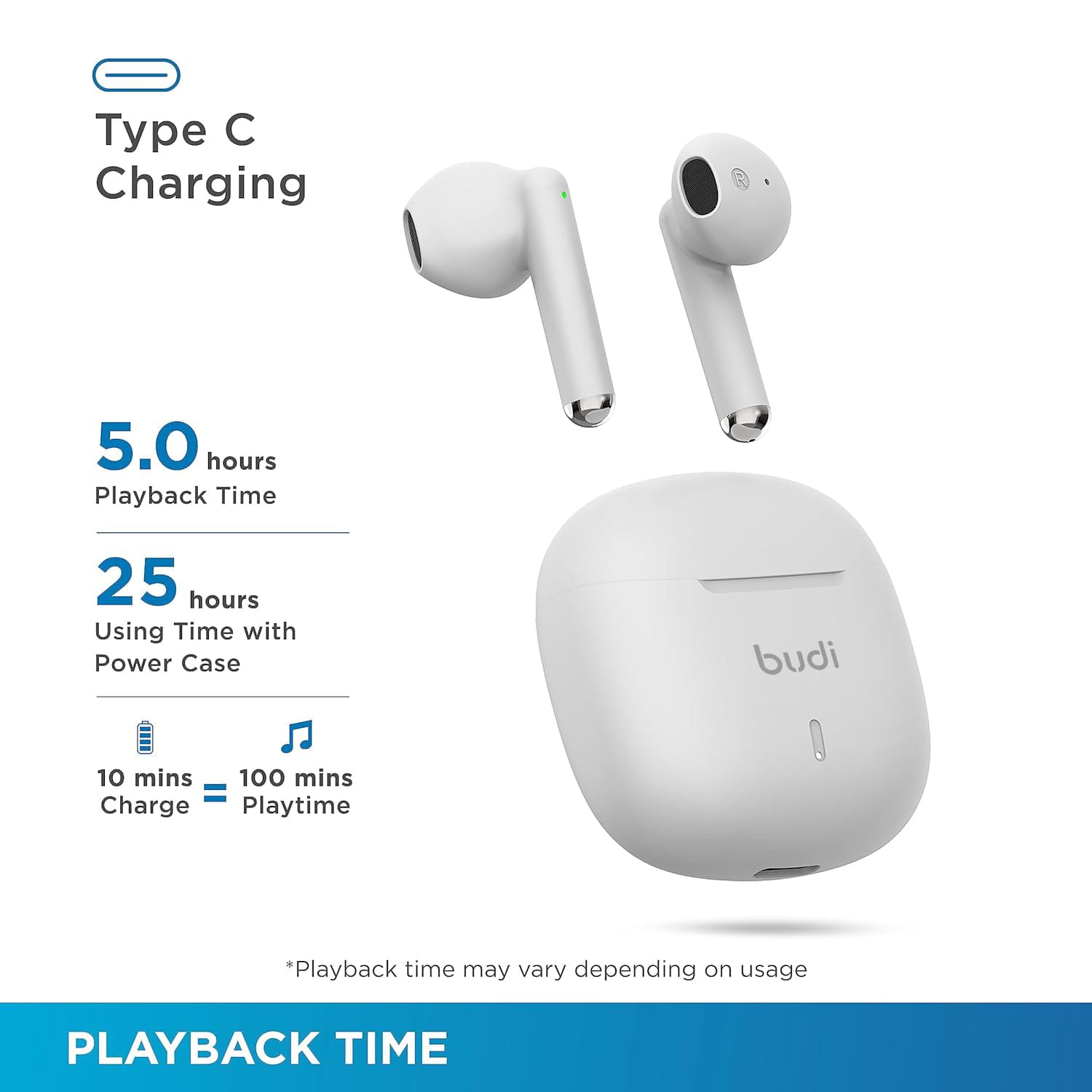 Budi True Wireless HD Stereo Audio Bluetooth In-Ear Earbuds with Built-In Mic