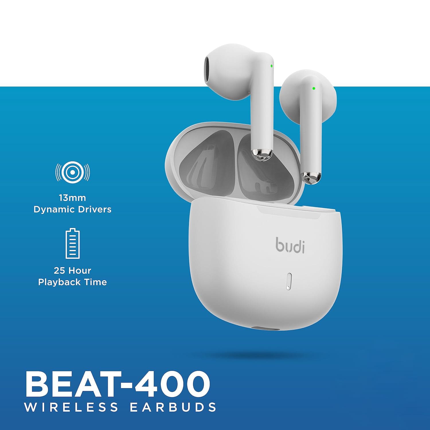 Budi True Wireless HD Stereo Audio Bluetooth In-Ear Earbuds with Built-In Mic