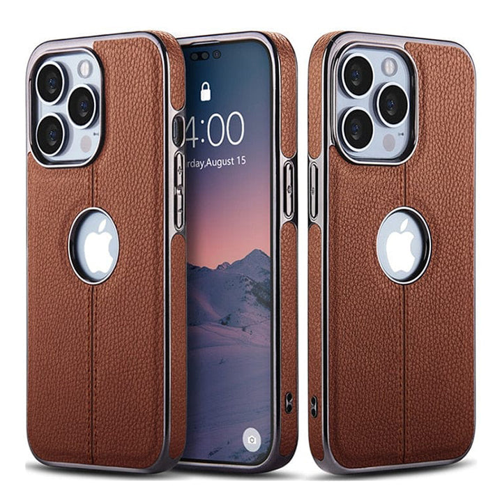 PhoneBits Slim Leather MagSafe Case with Logo Hole & TPU Plating Edges for iPhone, Protective Shockproof iPhone Case Compatible with MagSafe Chargers, Magnetic Wireless Charging Mobile Phone Case, Back Case Cover