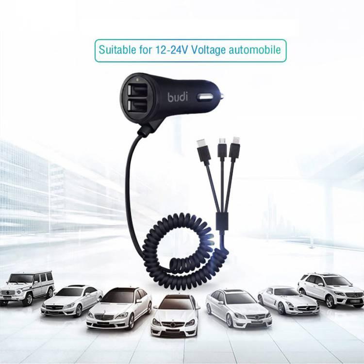 Budi USB Car Charger, Dual USB-A Ports In Car Charger Socket with Built-In 3 In 1 Coiled Cable Lightning/USB-C/Micro USB, Fast Charging Car Phone Charger with LED Indicator, Power Cable Car Charger Adapter for Cigarette Lighter Socket