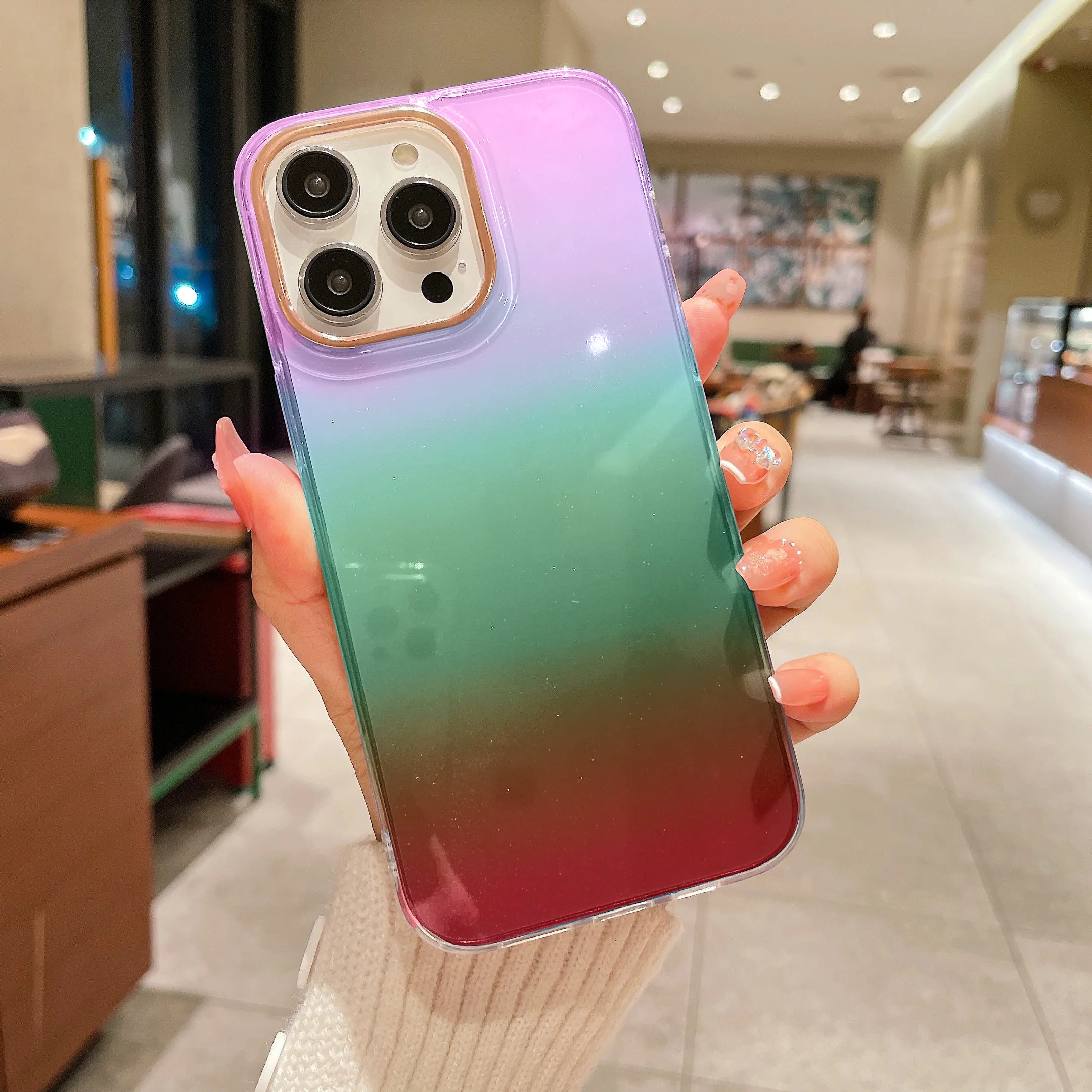 PhoneBits Luxury Glitter Gradient Shiny iPhone Case with Chromed Camera Edge, Shockproof Back Phone Cover Compatible with iPhone, Protective Mobile Phone Case Cover