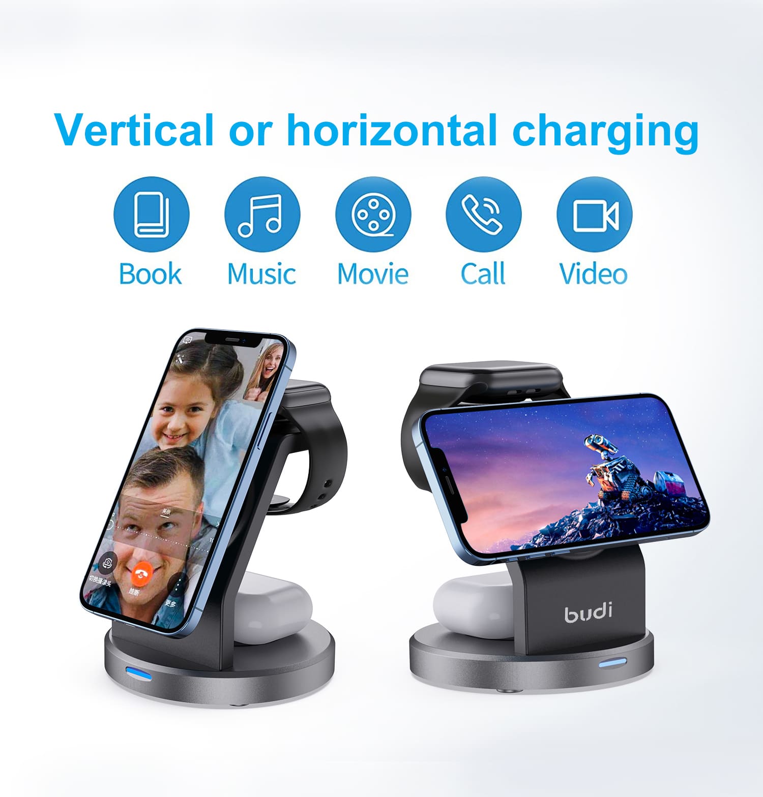 Budi 3 in 1 Magnetic Wireless Charger, Portable Wireless Charging Station for MagSafe iPhone, For Wireless Charging Compatible Devices